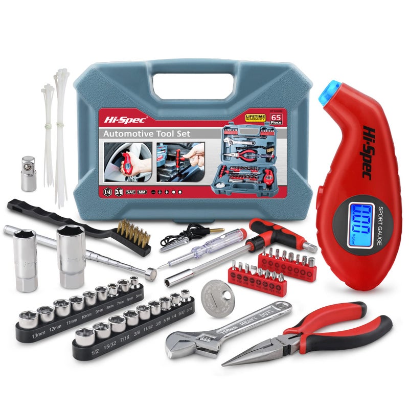 Hi-Spec 65pc Compact Auto Garage Tool Kit Set with Digital Tire Pressure Gauge. Essential Car Vehicle Repair Tools in a Toolbox Case of Screwdrivers, Sockets, Wrench and Magnetic Pickup - Image 1